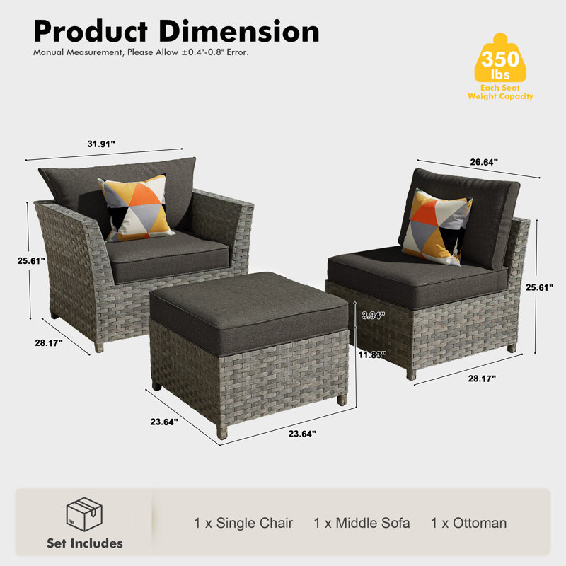 Ensemble de chaises de patio 3 pièces avec chaises longues modulaires et repose-pieds, assise en osier toutes saisons, aucun assemblage requis