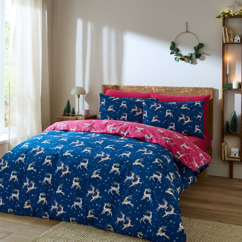 Christmas Reindeer Cotton Animal Print Duvet Cover Set with Pillowcases Included