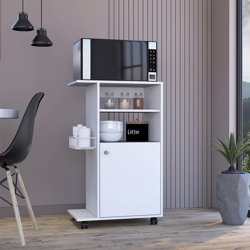 Versatile Kitchen Cart with Single Door Cabinet and Four Smooth Casters for Efficient Storage and Mobility, White