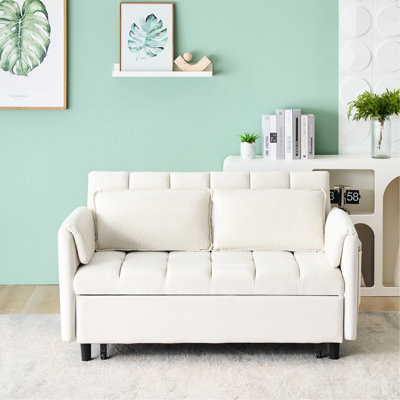 Lit en velours beige 52 po, 3 en 1 pour le salon, invité avec coussins, poches, rembourrage en éponge, construction en bois Lit convertible moderne de 52 po, surfaces, pièces, coussin, structure à panneau en bois