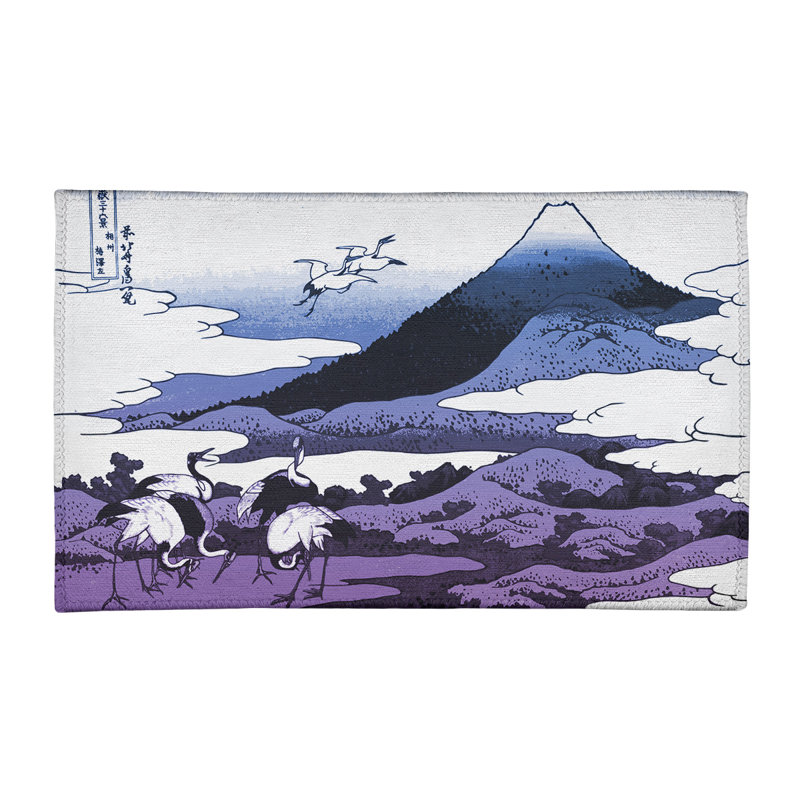 Tapis en chenille mauve/bleu/noir de grues japonaise, Rectangle 3 pi x 5 pi