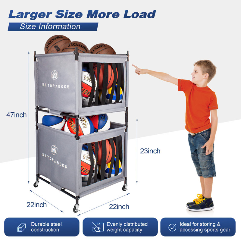 Freestanding Sports Rack, Ball Storage Cart, Lockable Ball Organizer Basket, Elastic Straps, Wheels