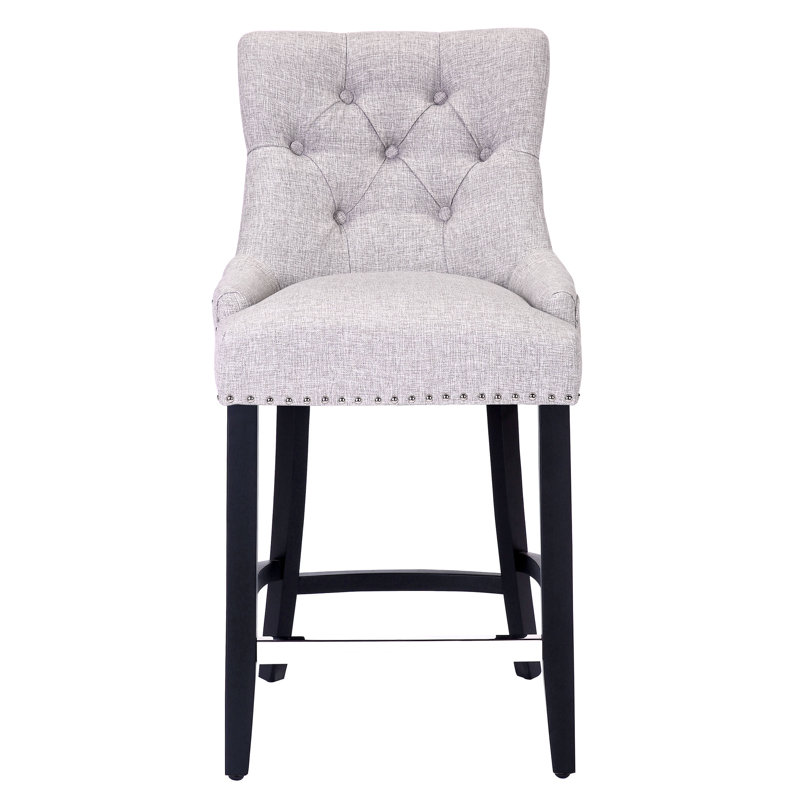 Linen Fabric Tufted Upholstered Counter Stool, Counter Stool (24” Seat Height), Light Gray Linen/Black Frame