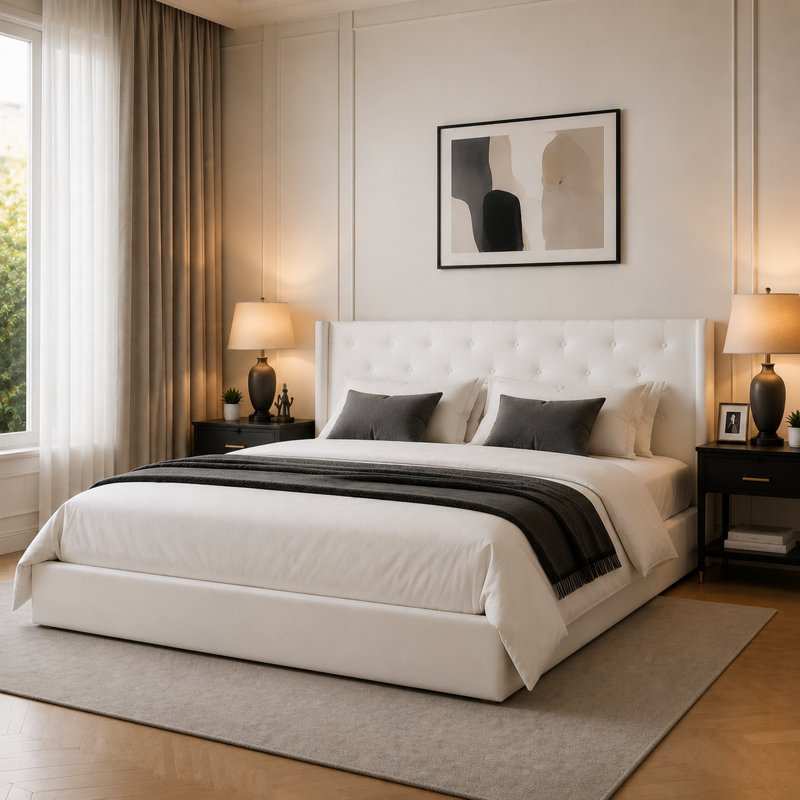 Raania Hydraulic Lift Up Storage  Upholstered Wingback Bed , Cream, King
