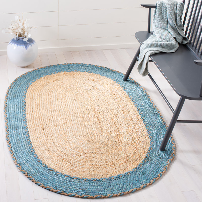 Tapis bleu / brun en jute et coton tissés à la main Trogdon, Ovale 6 pi x 9 pi
