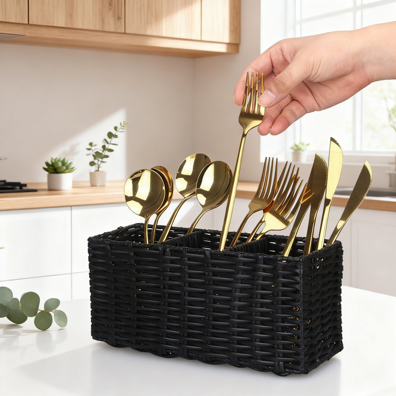 Rangement à ustensiles tissé pour comptoir de cuisine, porte-ustensiles à 3 compartiments et porte-ustensiles avec structure en acier robuste