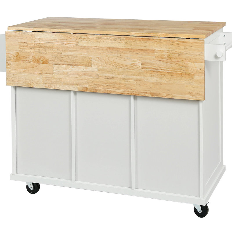 White Kitchen Cart With Cabinet Door Storage And Modern Look Storage, Drop Countertop & Metal Support,, White