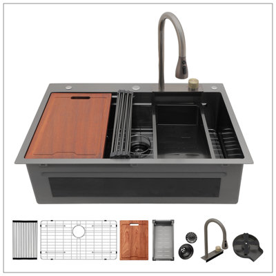 Gunmetal Black Drop In Waterfall Kitchen Sink - 33*22 Inch Single Bowl 16 Gauge Stainless Steel Ledge Workstation Kitchen Sinks With Pull-Out Faucet & Cup Washer