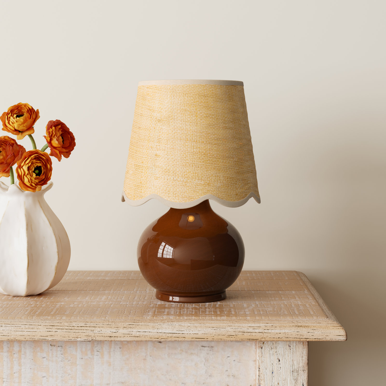 Momsen Scallop Shade Lamp, 13"" H x 8"" W x 8"" D, Brown, Natural