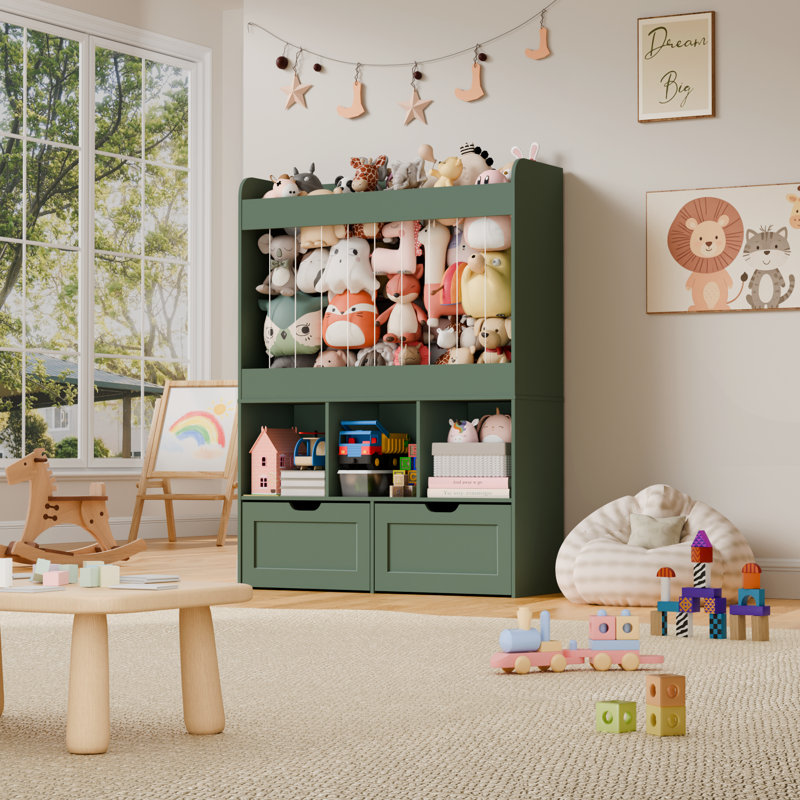 Boîte de rangement pour jouets de 51,7 po de hauteur, rangement pour animaux en peluche de grande capacité avec 2 tiroirs de rangement mobiles, 3 cubes de rangement, bibliothèque pour chambre d'enfant, salle de jeux (vert)