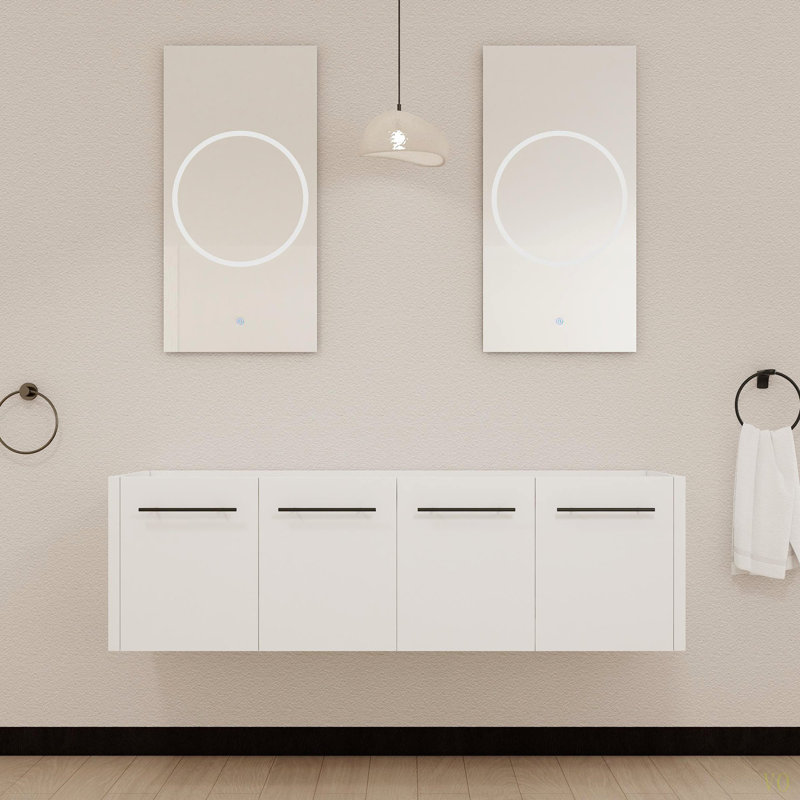 Meuble-lavabo mural 60 po (seulement le meuble, sans évier supérieur), Blanc lustré, Noir
