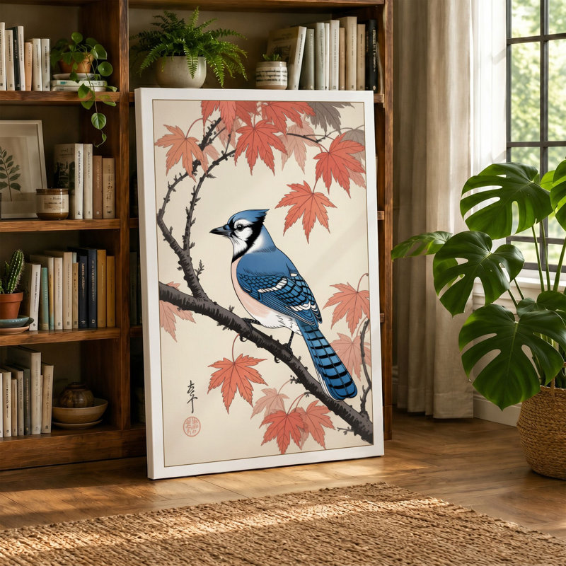 Blue Jay Among Maples Japandi - Wrapped Canvas, 36x24 - 91.4 x 61.0 cm, Sage Border