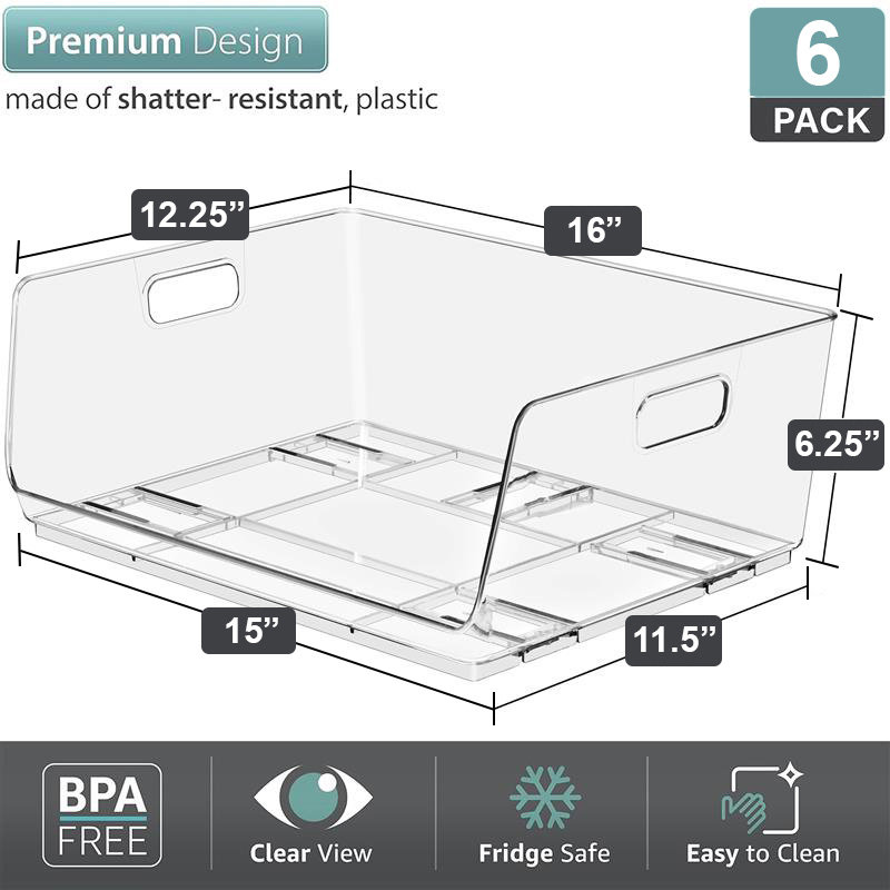 Sorbus 6 Pack Large Open Front Clear Stackable Fridge Storage Bins, Large 6 Pack