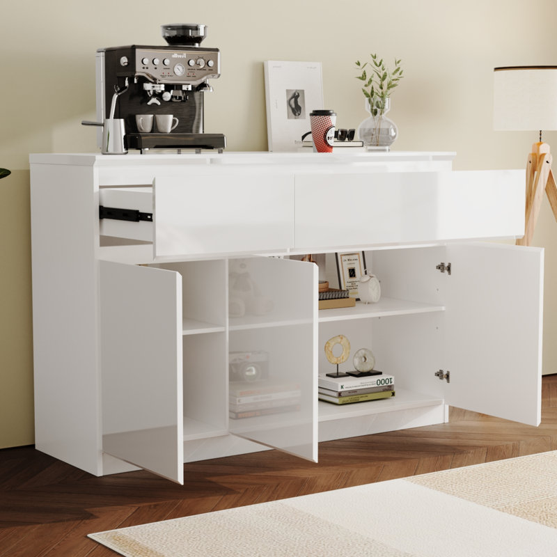 120cm High Gloss PET Sideboard with 3 Doors & 2 Drawers - Modern Handle-Free White Credenza