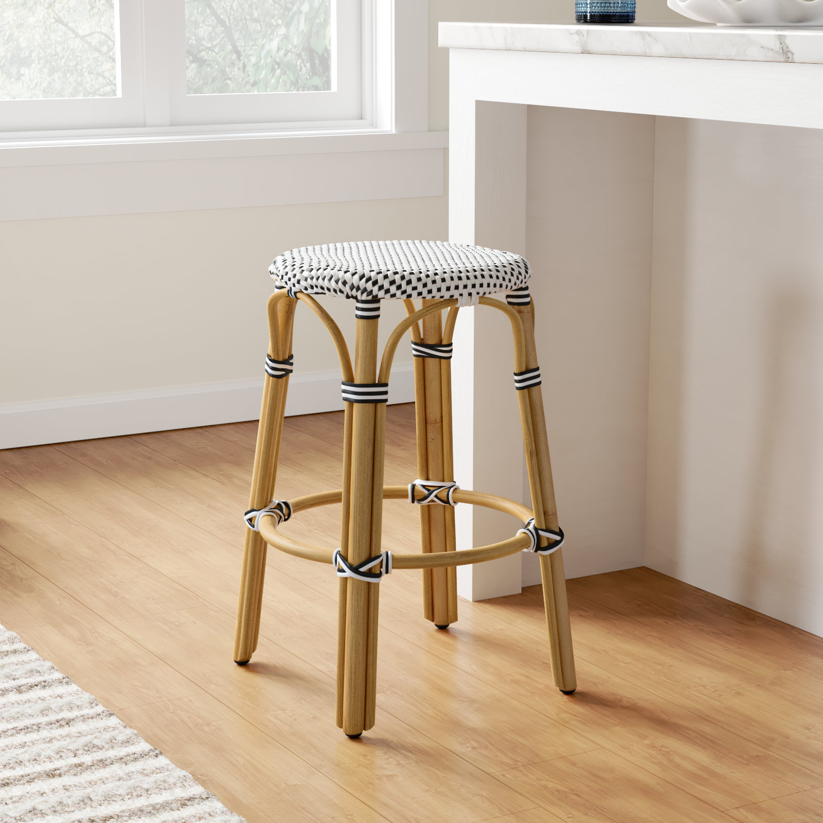 Alastair Bar Stool, Counter Stool (24" Seat Height), White/Black Dot/Natural Rattan Frame