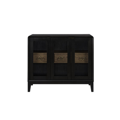Glass Door Server For Dining Rooms With Peppercorn Finish, Two Framed Doors Stylish Look, Centre Drawers Organization, Solid Wood++glass, 41.69 In Depth, 17.89 Width, 35.25 Height Finish Room Use,