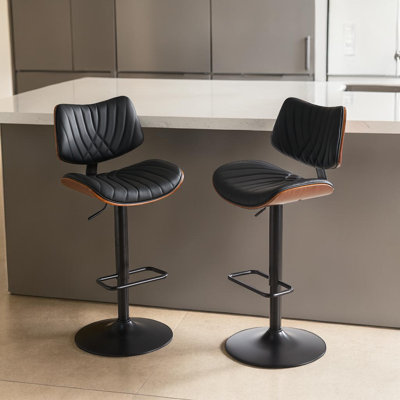 Zager Adjustable Walnut Bentwood Swivel Barstools, PU Leather Upholstered Bar Chair