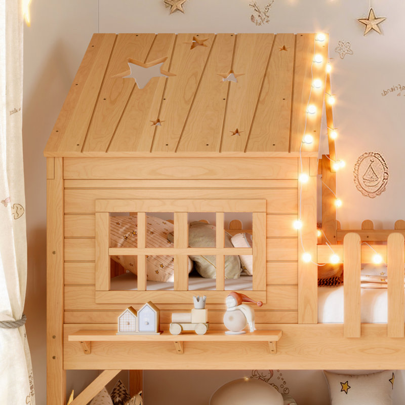 Twin Size House Loft Bed With Slide,Playhouse Bed With Star Moon-Shaped Designs And Window, Chic Design With LED Lights,No Box Spring Needed,Natural
