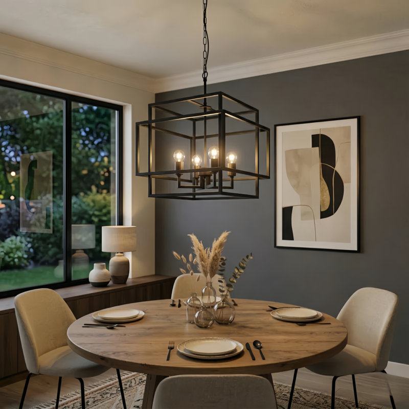 Worton 4 - Light 18"W Lantern Square Black Modern Chandelier for Dining Room or Living Room, Black