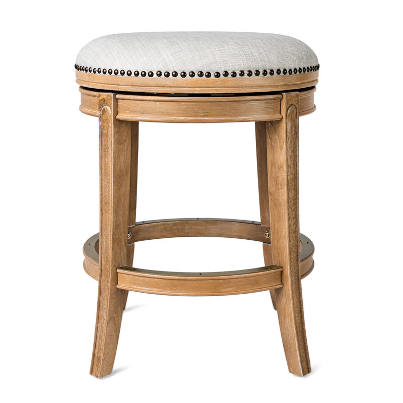 Weathered Oak Backless Swivel Counter Stool with Sand Upholstery