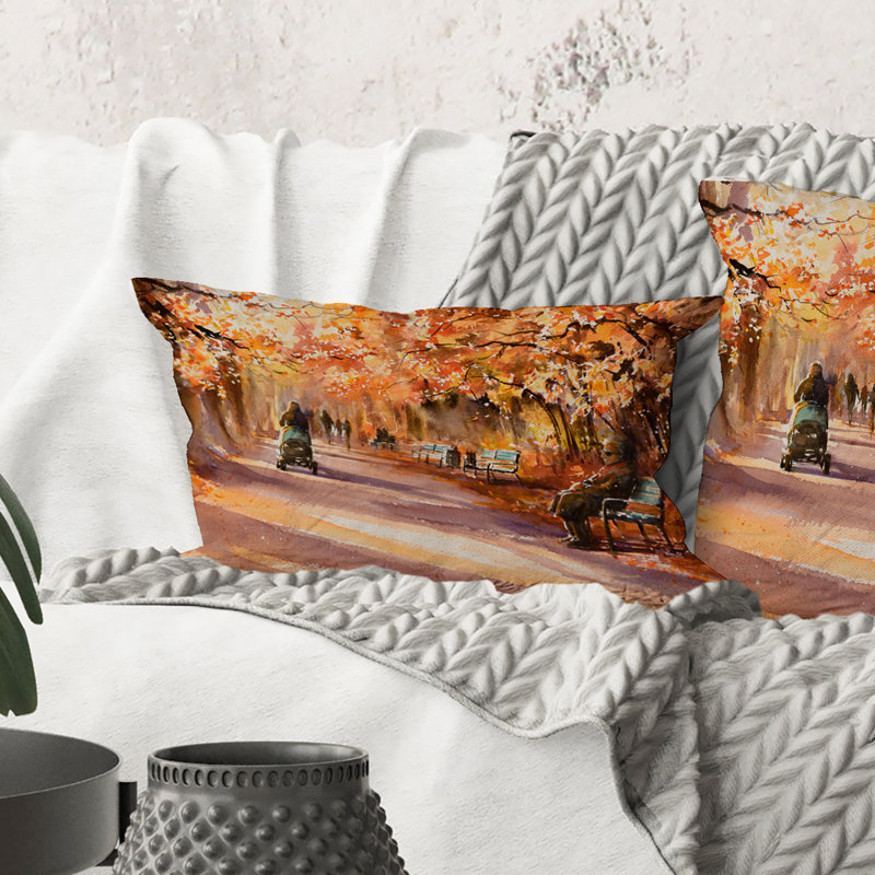 Rectangle, route dans le parc, journée ensoleillée d'automne - Coussin décoratif imprimé campagne
