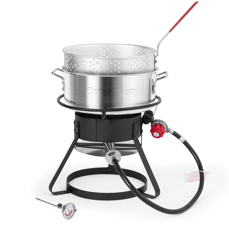 11 Qt Aluminum Propane Outdoor Deep Fryer with Red Handles
