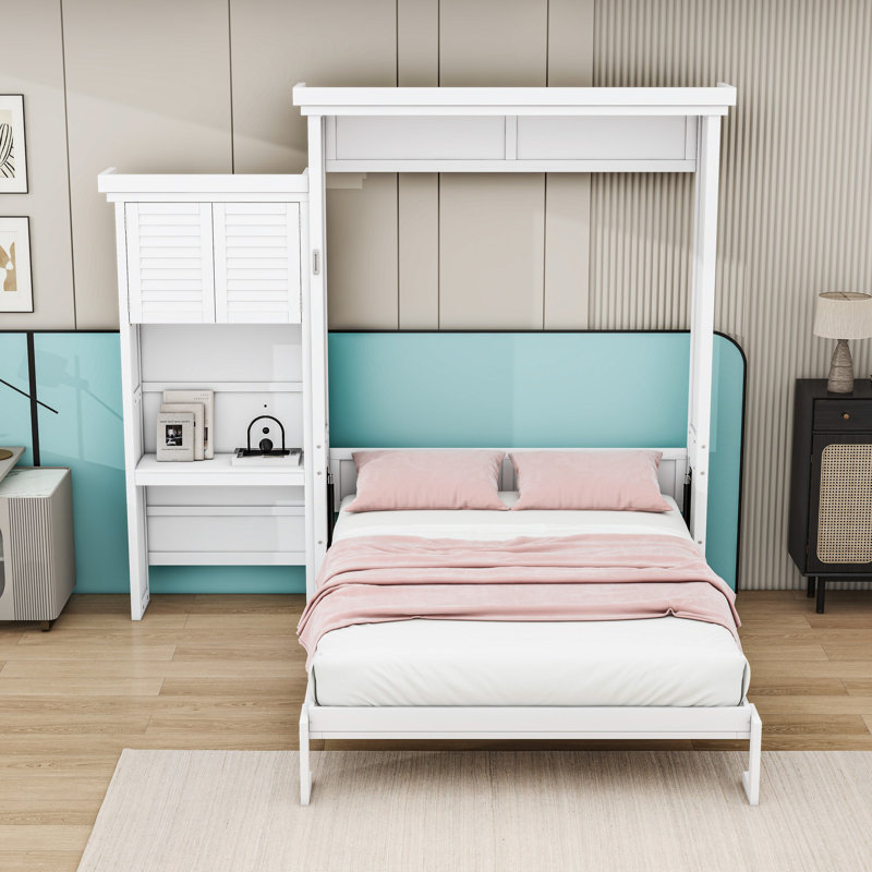 Lit escamotable en bois avec tablettes, Blanc
