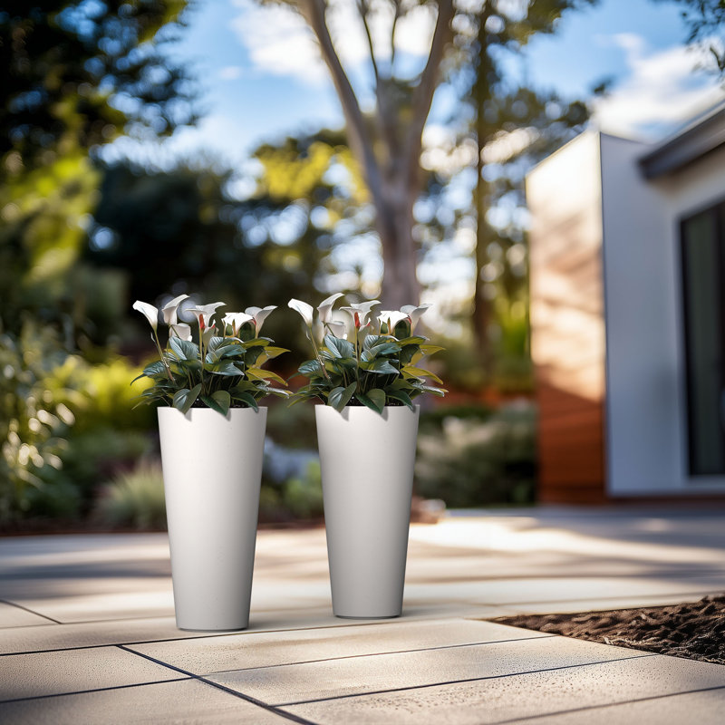 8 In. Medium Concrete Round Planter / Pot With Drainage Holes Set Of 2, Crisp White