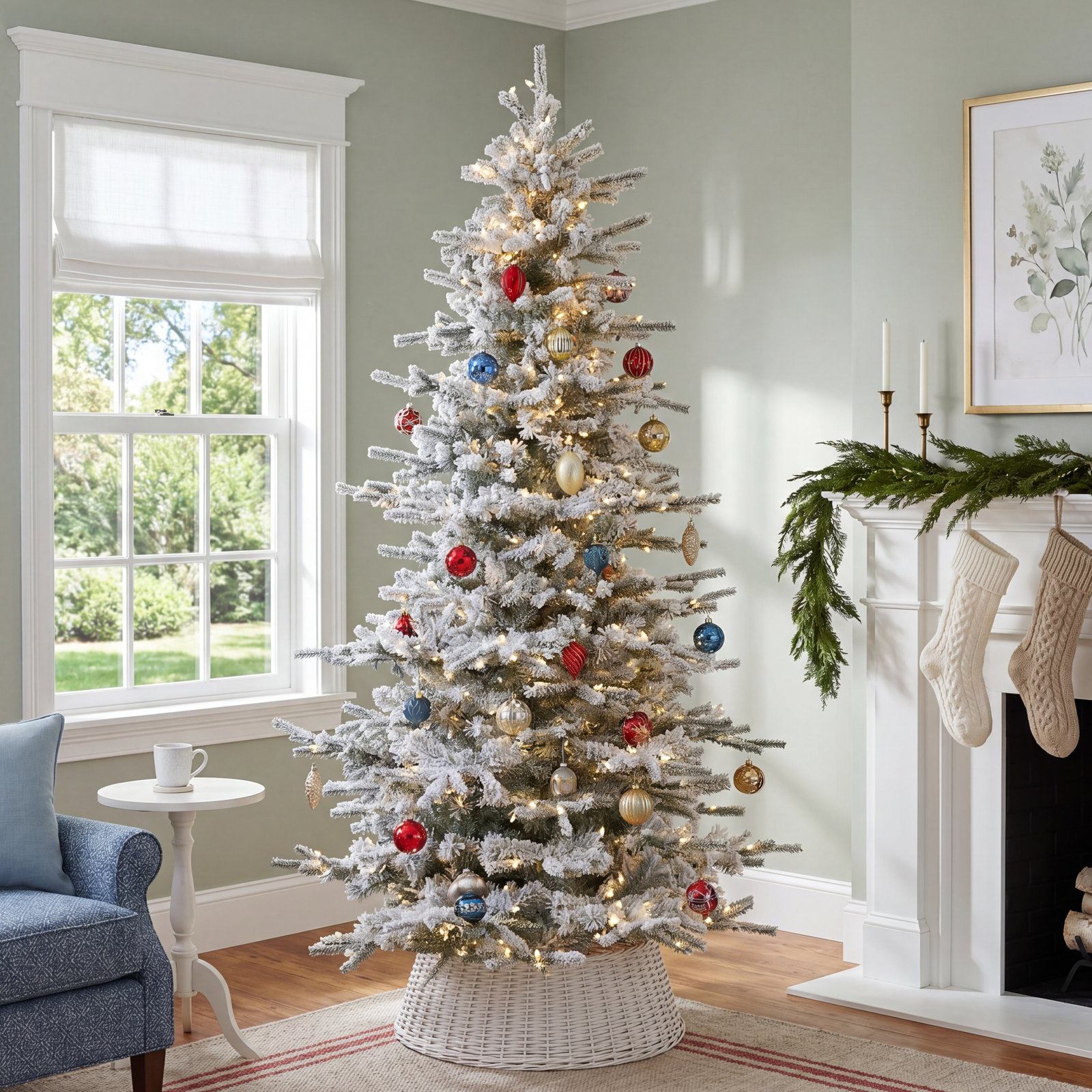 Slim Pre-Lit Flocked Fir Christmas Tree, 6.5' H