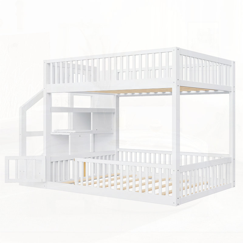 Lit superposé au sol avec escalier de rangement, White, Full over Full