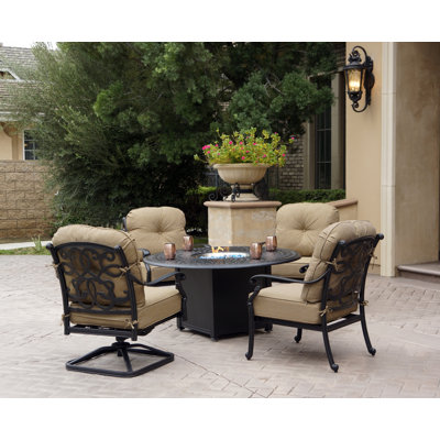 Byrge 5-Piece Patio Propane Fire Pit Conversation Set with Cushions and 52" Round Fire Pit Table