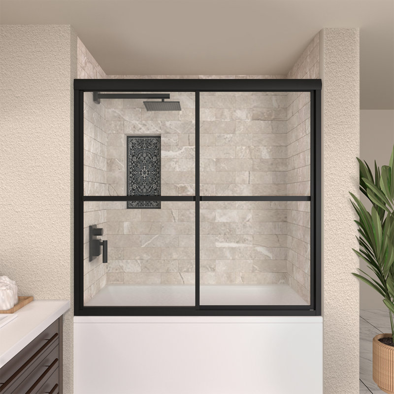 Porte de baignoire coulissante double semi-cadre l 59 po x H 56 po, Noir mat
