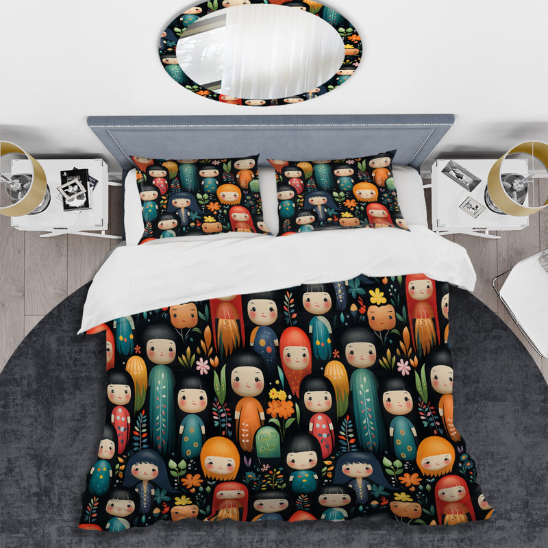 Ensemble de housse de couette Vibrant Japon Kokeshi Doll Diversity I, Housse de couette pour très grand lit et 2 très