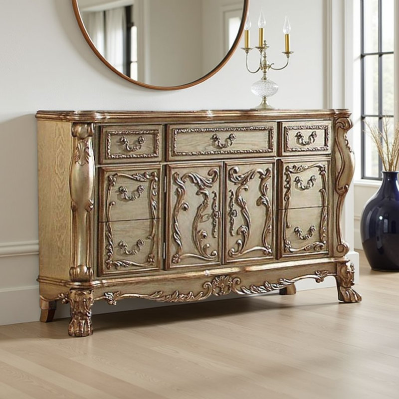 Wooden Dresser with Multiple Drawers and One Cabinet, Gold & Bone White, Gold / Bone White