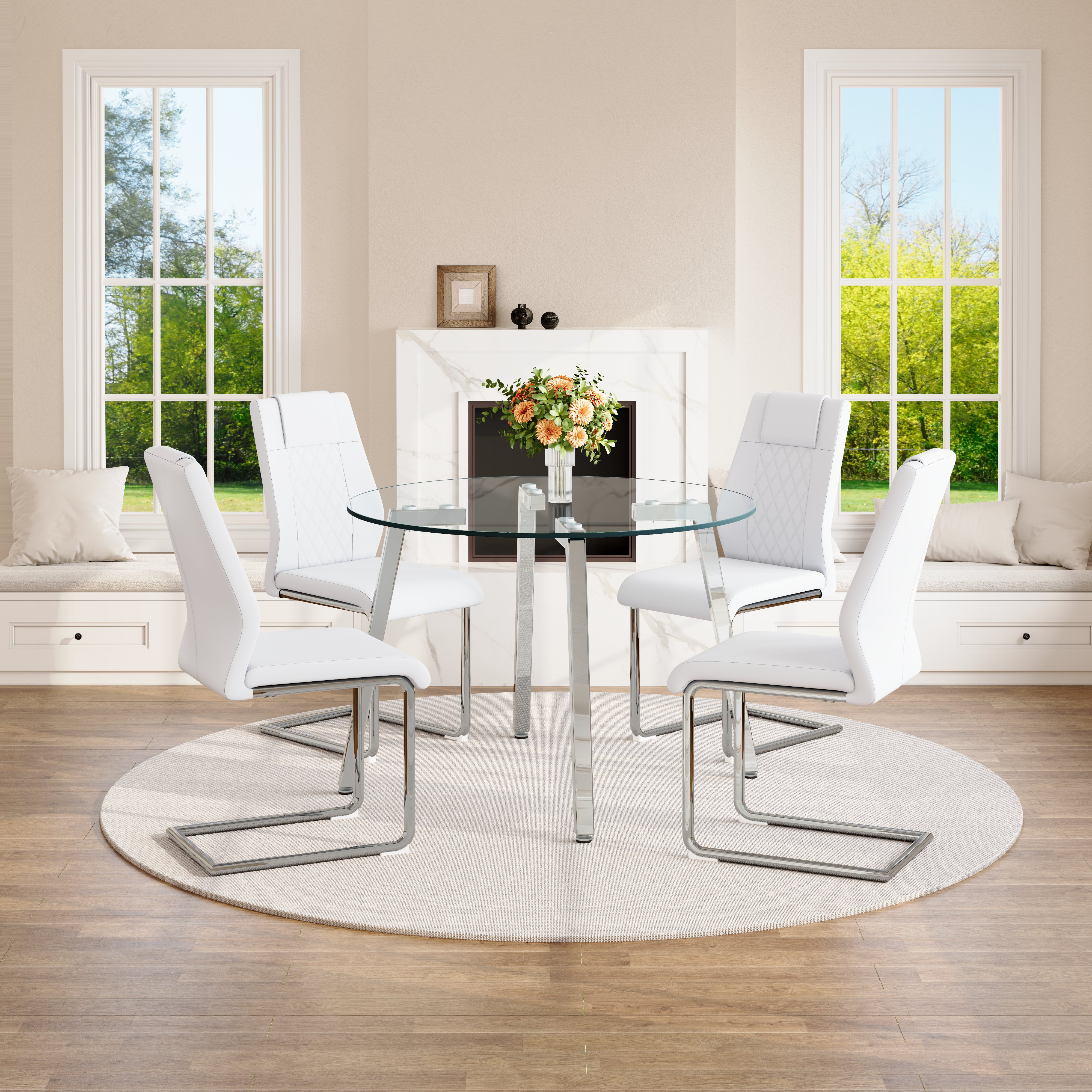 Ivy Bronx Round Dining Room Table Set For 4, Tempered Glass Top Dining ...