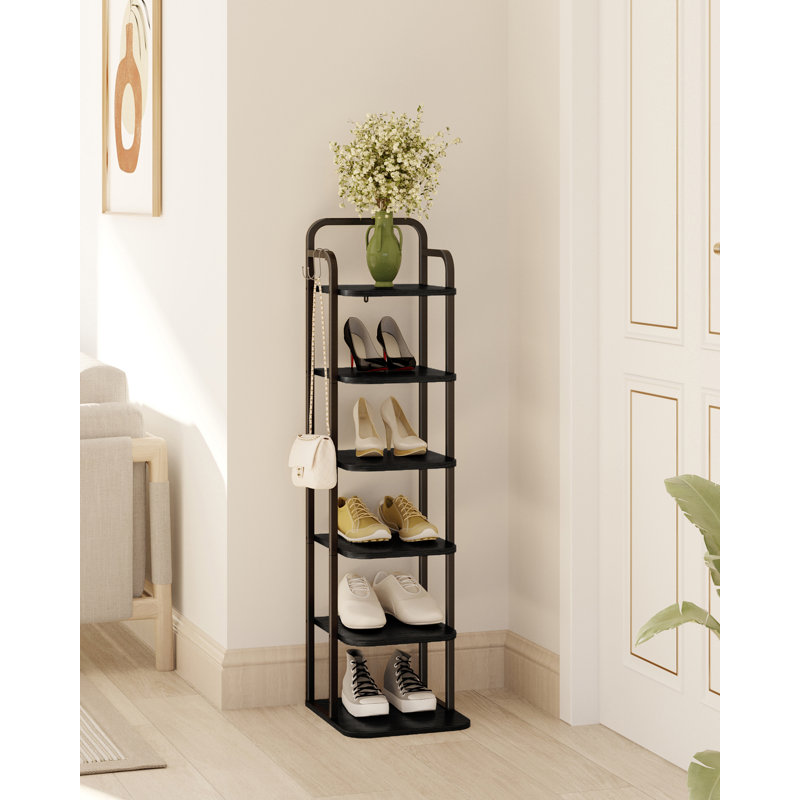 Vertical Shoe Rack, Shoe Shelves, Wood Shoe Organizer for Closet, Entryway, Shoe Tower for Small Spaces, Free Standing, Adjustable, with 2 Hooks, 6 Tier