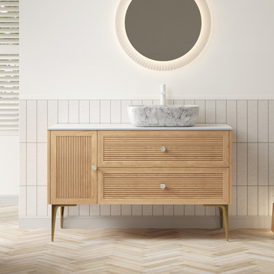 Meuble-lavabo de salle de bain 152 cm (60 po) avec lavabo, armoire de rangement autoportante en contreplaqué avec pattes, 2 portes et 3 tiroirs, comptoir en pierre frittée blanche de Carrare et 2 lavabos en céramique à motif marbre, préassemblé et couleur