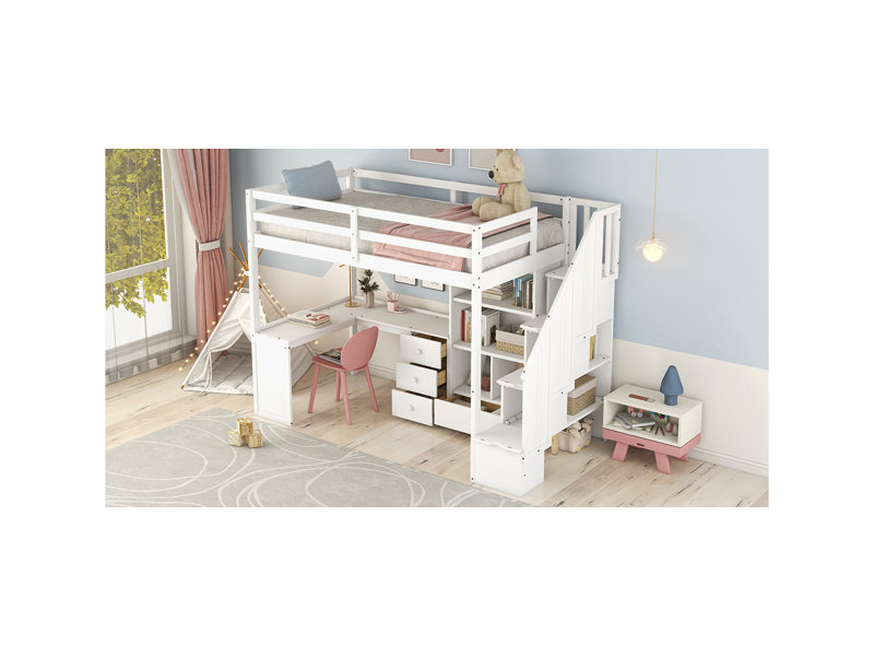 Lit mezzanine simple avec bureau en L et tiroirs, armoire et escalier de rangement, blanc