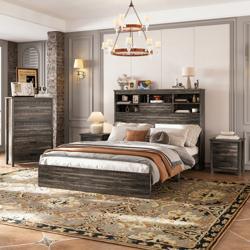 Ensemble de chambre à coucher 4 pièces avec lit grand, 2 tables de chevet avec 2 tiroirs et 1 commode, Gris antique