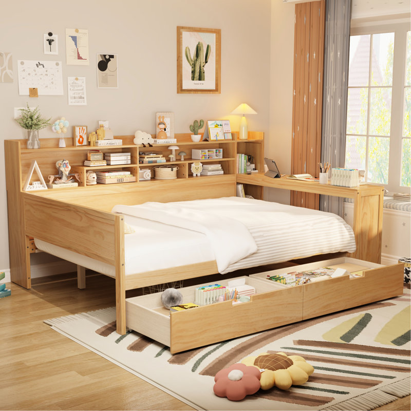Lit de jour en bois naturel avec rangement efficace et bureau pour un espace de travail fonctionnel, Naturel