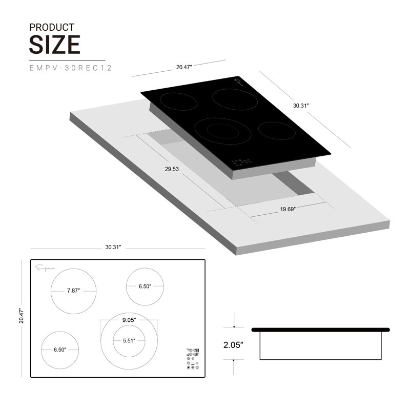 Surface de cuisson électrique 30,31 po, 4 brûleurs, surface de cuisson électrique rayonnante, noir