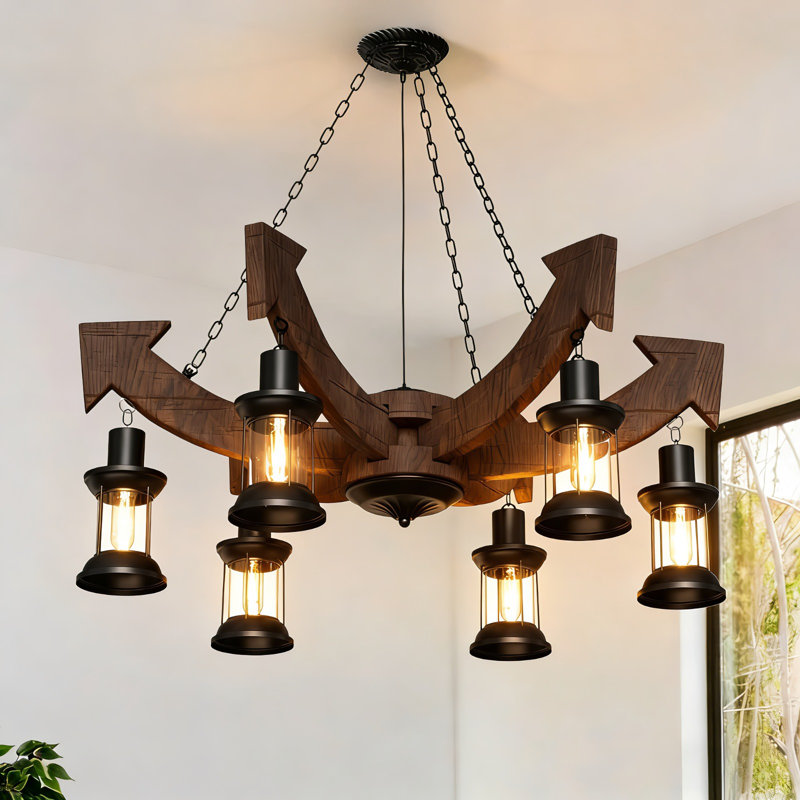Luminaire suspendu de style rustique en bois rustique et en verre de 29 po à 6 lumières pour cuisine, salle à manger ou bar