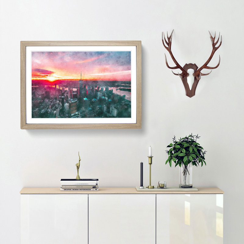 Sunset over New York City - Picture Frame Painting Print, Oak Framed, 62cm H x 87cm W x 2cm D