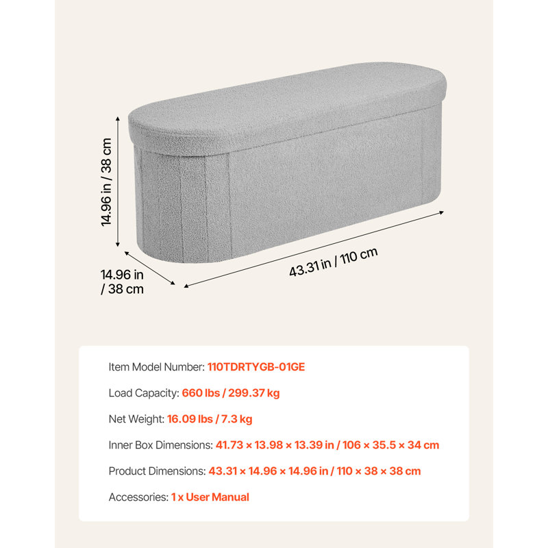 Banc coffre ovale avec rangement, peut supporter jusqu'à 300 kg, pliable, en molleton doux, idéal pour le pied de lit. Coffret de lit pliable et rembourré avec grand espace de rangement. Chambre, entrée, grise, conçue pour le salon.