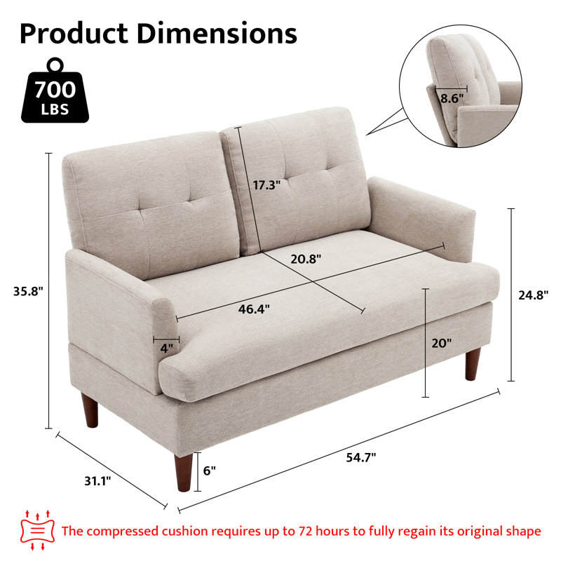 Tufted Chenille Upholstered Square Arm  Loveseat, Light Brown Chenille
