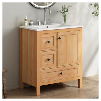 30" Wood Grain Bathroom Vanity with Integrated Ceramic Sink - Warm Natural Finish