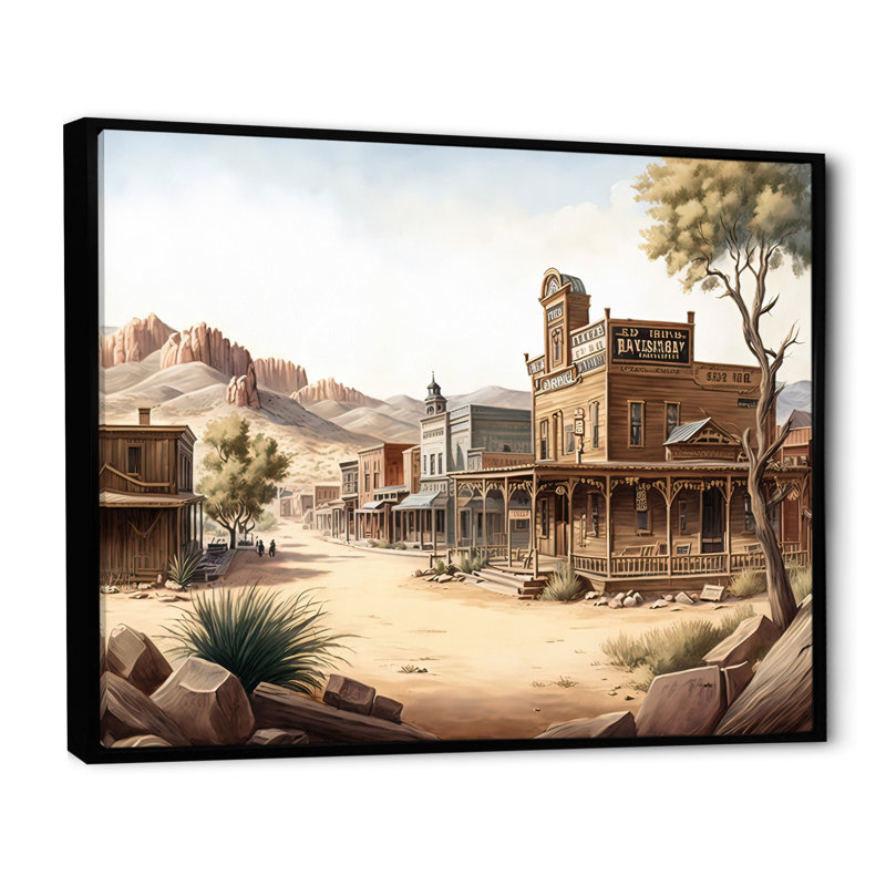 Wild West Town III - art mural occidental, Cadre flottant noir, H 12 po x l 20 po x P 1 po