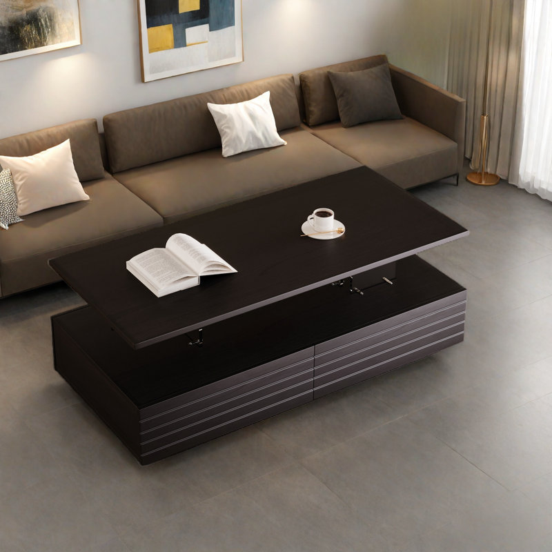 Modern Rectangular Coffee Table With Led Lights, 2 Drawers And Open Storage Shelf, Black