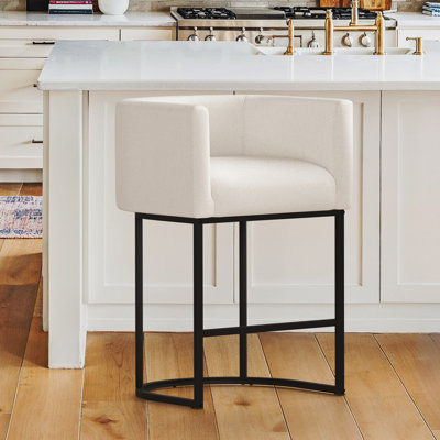 27''Upholstered Counter Stool with Curved Barrel Back, U-Shaped Metal Base, and Footrest