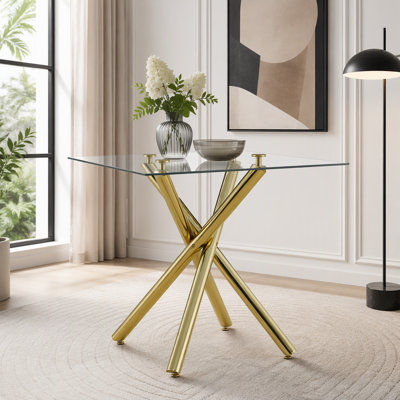Table de bar moderne avec plateau en verre trempé et pieds croisés
